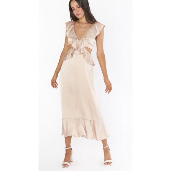 Show Me Your Mumu Zoey Midi Bridesmaid Formal Dress Champagne Luxe Satin NWT S